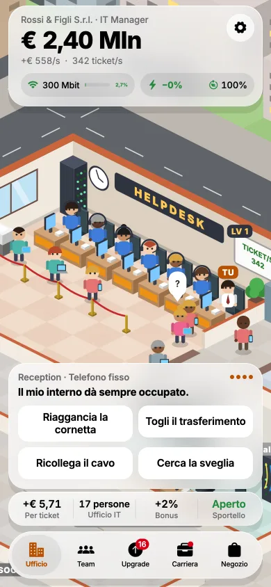 L'ufficio del gioco Idle IT Manager: l'helpdesk pieno di tecnici e, in basso, un ticket con le risposte fra cui scegliere