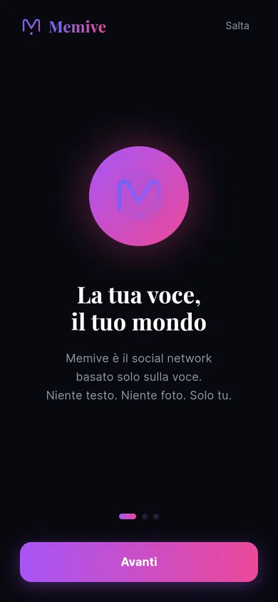 Schermata d'avvio della web app di Memive